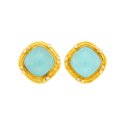 Lot 13 - Pair of Gold, Green Chalcedony and Diamond Earclips