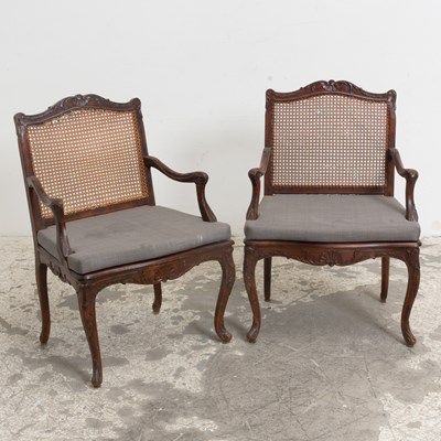 Lot 364 - Pair of Louis XV Style Mahogany Caned Armchairs