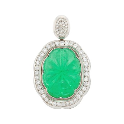 Lot 1065 - White Gold, Carved Emerald and Diamond Enhancer Pendant