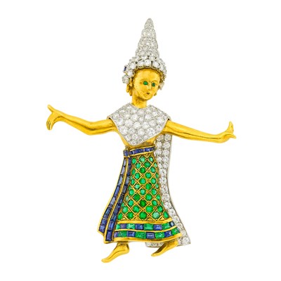 Lot 1026 - Gold, Platinum, Diamond, Emerald and Sapphire Thai Classical Dancer Brooch
