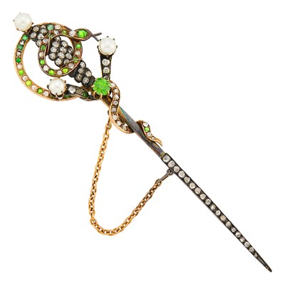 Lot 1050 - Antique Gold, Silver, Demantoid Garnet, Emerald, Pearl and Diamond Serpent Sword Jabot