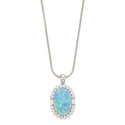 Lot 1029 - Platinum, Opal and Diamond Pendant with Chain Necklace