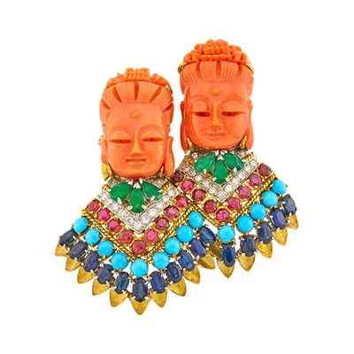 Lot 2138 - Two-Color Gold, Carved Coral, Colored Stone and Diamond Figural Brooch