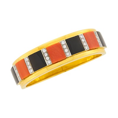 Lot 1008 - Two-Color Gold, Coral, Black Onyx and Diamond Bangle Bracelet