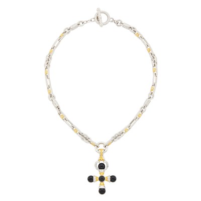 Lot 1087 - Two-Color Gold and Diamond Chain Link Toggle Necklace with Two Interchangeable Turquoise and Black Onyx Cross Pendants