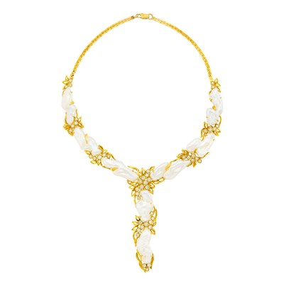 Lot 1011 - Gold, Baroque Freshwater Pearl and Diamond Necklace