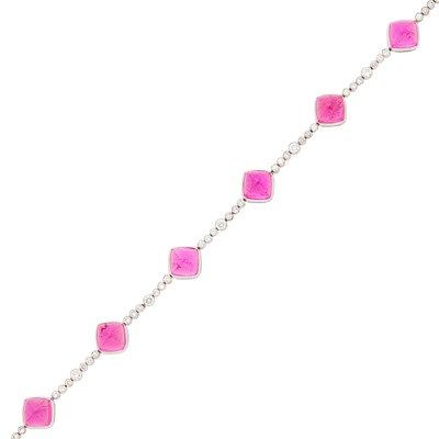 Lot 1165 - White Gold, Cabochon Pink Tourmaline and Diamond Bracelet