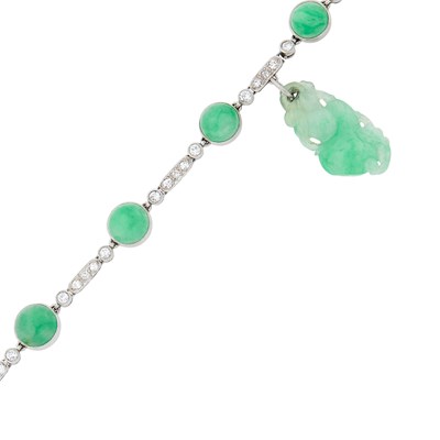 Lot 191 - Platinum, Jade, Diamond and Carved Jade Charm Bracelet