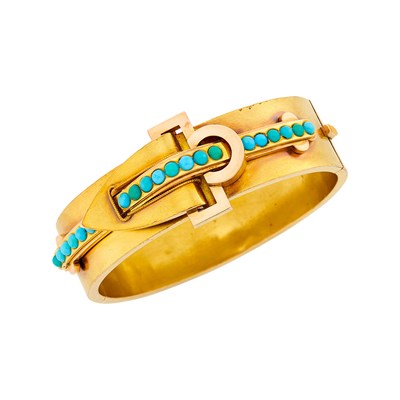Lot 1188 - Antique Two-Color Gold and Turquoise Buckle Bangle Bracelet