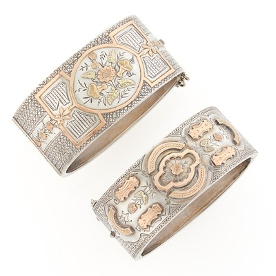 Lot 2307 - Two Antique Sterling Silver and Two-Color Gold Cuff Bangle Bracelets