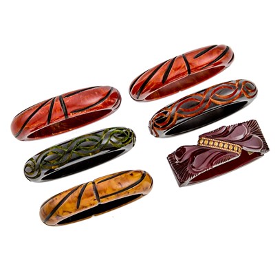 Lot 2306 - Six Bakelite Bangle Bracelets