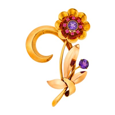 Lot 1054 - Tiffany & Co. Two-Color Gold, Amethyst and Ruby Flower Brooch