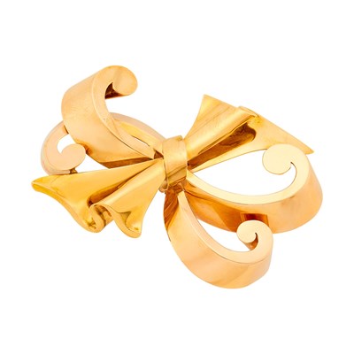 Lot 1057 - Two-Color Gold Scrolled Bow Brooch