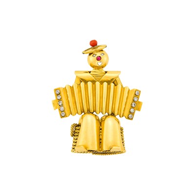 Lot 238 - Van Cleef & Arpels Gold, Coral Bead, Cabochon Ruby and Diamond Clown Clip, France