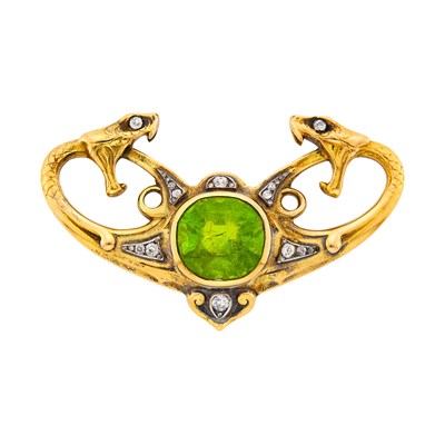 Lot 188 - Attributed to Boucheron Art Nouveau Gold, Platinum, Peridot and Diamond Serpent Brooch, France