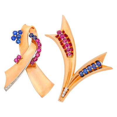 Lot 241 - Paul Flato Pair of Rose Gold, Platinum, Sapphire, Ruby and Diamond 'Victory' Brooches