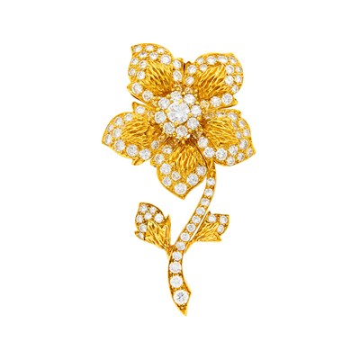 Lot 60 - Van Cleef & Arpels Gold and Diamond Flower Clip-Brooch