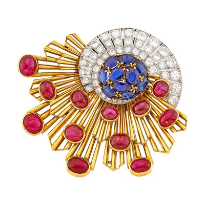 Lot 245 - Gold, Platinum, Diamond, Sapphire and Cabochon Ruby Clip