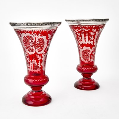 Lot 3261 - Two Similar Bohemian Style Silver-Mounted Ruby Flashed and Wheel-Engraved Blown Glass Vases