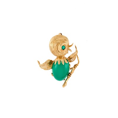 Lot 2063 - Gold and Green Onyx Chickadee Brooch