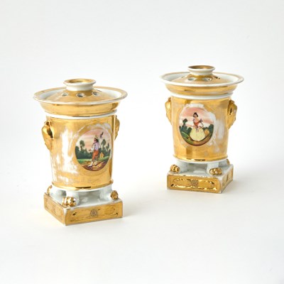 Lot 3114 - Pair French Gilt-Decorated Porcelain Potpourris