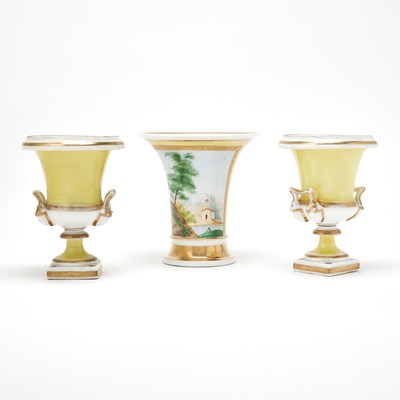 Lot 3116 - French Gilt Decorated White and Yellow Porcelain Three-Piece Garniture