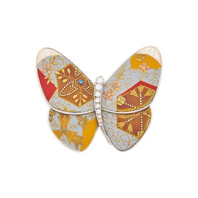 Lot Van Cleef & Arpels White Gold, Mother-of-Pearl, Lacquer and Diamond 'Karakusa Butterfly' Clip-Brooch, France