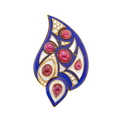 Lot 45 - Bulgari Gold, Lapis, Cabochon Ruby, Mother-of-Pearl and Diamond Paisley Clip-Brooch