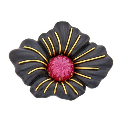 Lot 9 - JAR Paris Carved Ebony Wood, Gold, and Carved Ruby Flower Pendant Clip-Brooch, France