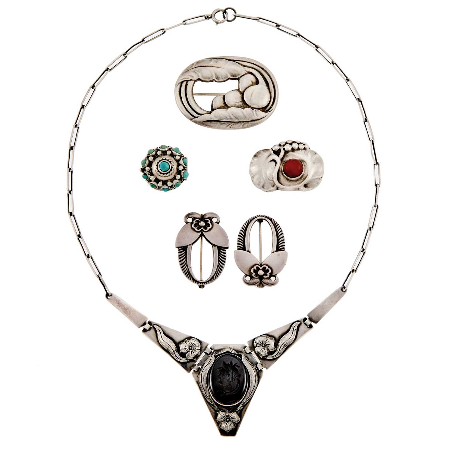 Lot 2287 - Silver and Hardstone Intaglio Necklace, Turquoise Ring and Georg Jensen Four Silver and Coral Brooches