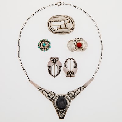 Lot 2287 - Silver and Hardstone Intaglio Necklace, Turquoise Ring and Georg Jensen Four Silver and Coral Brooches