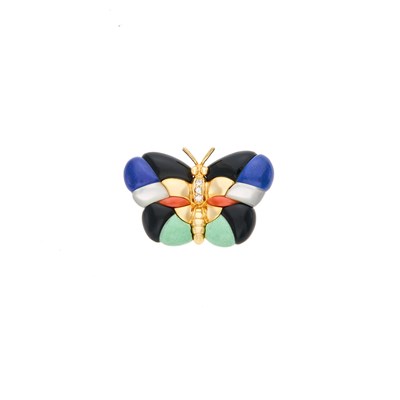 Lot 2050 - Asch Grossbardt Gold, Hardstone, Mother-of-Pearl and Diamond Butterfly Brooch