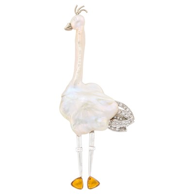Lot 119 - Geoff Rowlandson White Gold, Baroque Freshwater Cultured Pearl, Cabochon Citrine and Diamond 'Ollie' Ostrich Brooch