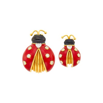 Lot 116 - Oscar Heyman & Brothers Pair of Gold, Platinum, Red and Black Enamel and Diamond 'Lady Bug' Brooches