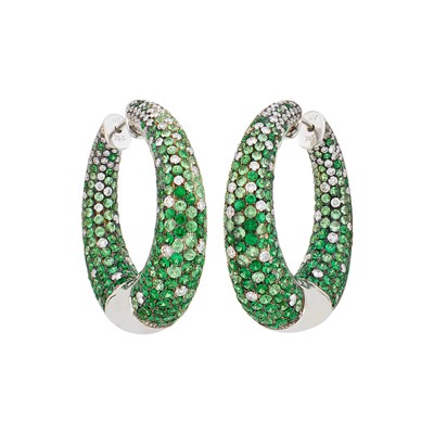 Lot 1120 - Pair of White Gold, Tsavorite Garnet and Diamond Hoop Earrings
