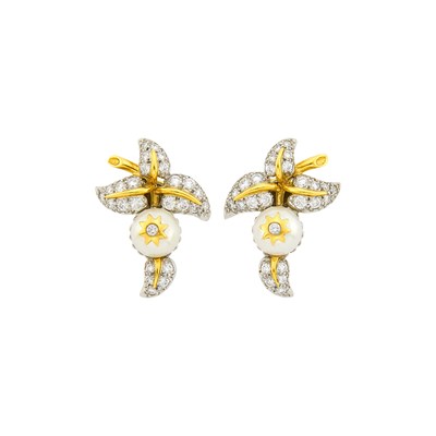 Lot 130 - Tiffany & Co., Schlumberger Pair of Platinum, Gold, Cultured Pearl and Diamond 'Pomme' Earclips