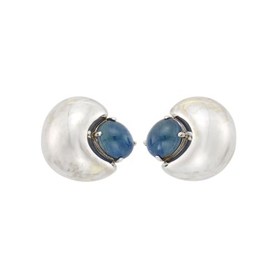 Lot 1122 - Seaman Schepps Pair of White Gold and Cabochon Sapphire 'Half Moon' Earclips