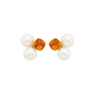 Lot 1051 - Seaman Schepps Pair of Gold, Freshwater Cultured Pearl and Citrine Earclips
