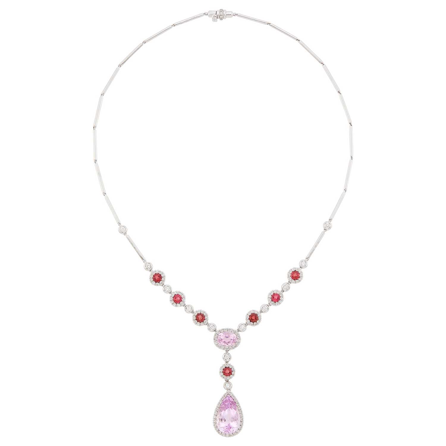 Lot 1104 - White Gold, Kunzite, Pink Tourmaline and Diamond Pendant-Necklace