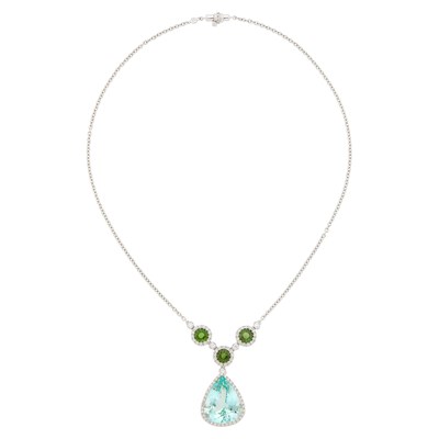 Lot 1119 - White Gold, Green Beryl, Tourmaline and Diamond Pendant-Necklace