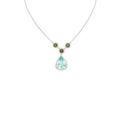 Lot 1119 - White Gold, Green Beryl, Tourmaline and Diamond Pendant-Necklace