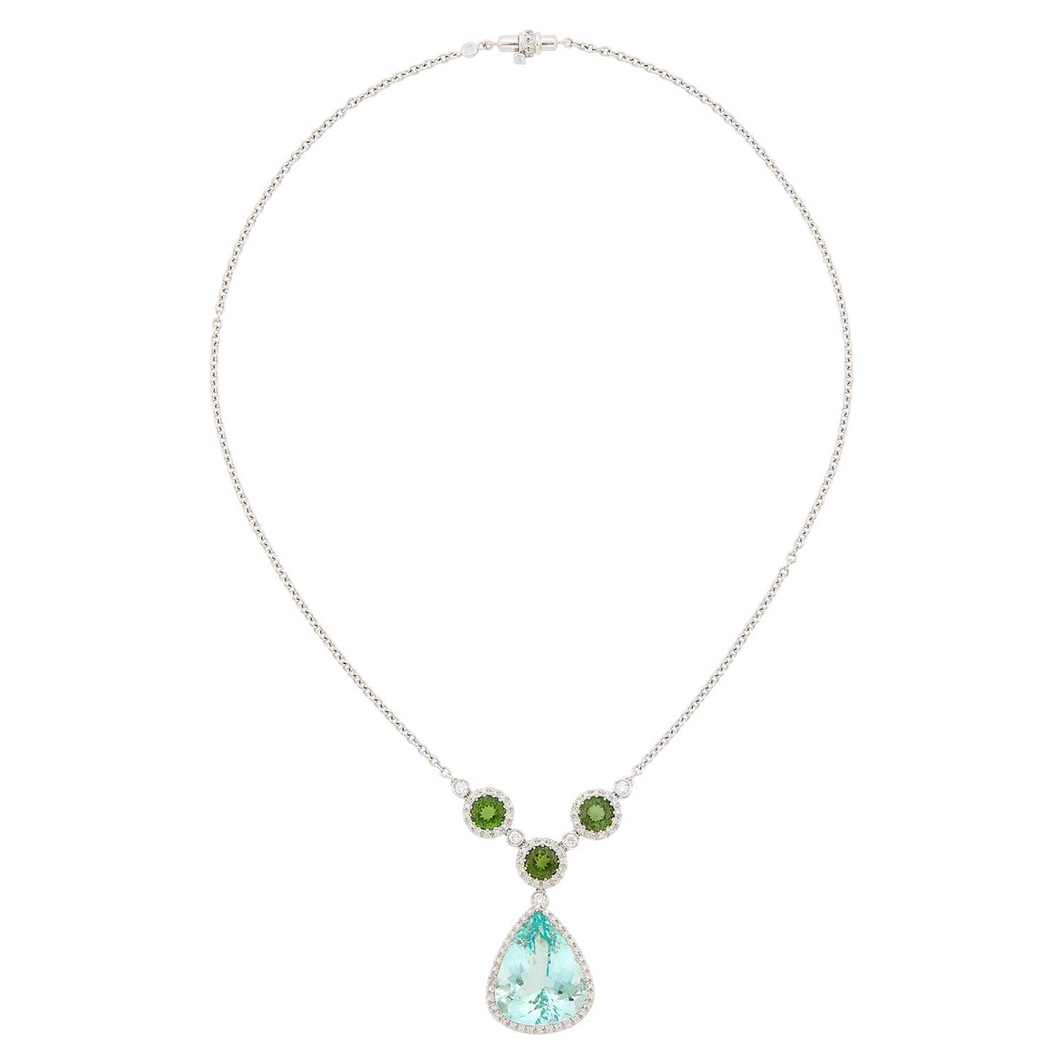 Lot 1119 - White Gold, Green Beryl, Tourmaline and Diamond Pendant-Necklace