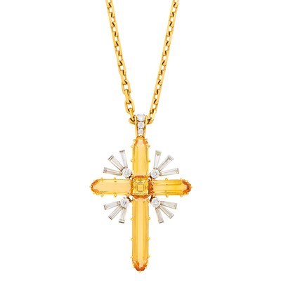 Lot 104 - Ruser Gold, Platinum, Topaz and Diamond Cross Pendant with Gold Chain Necklace