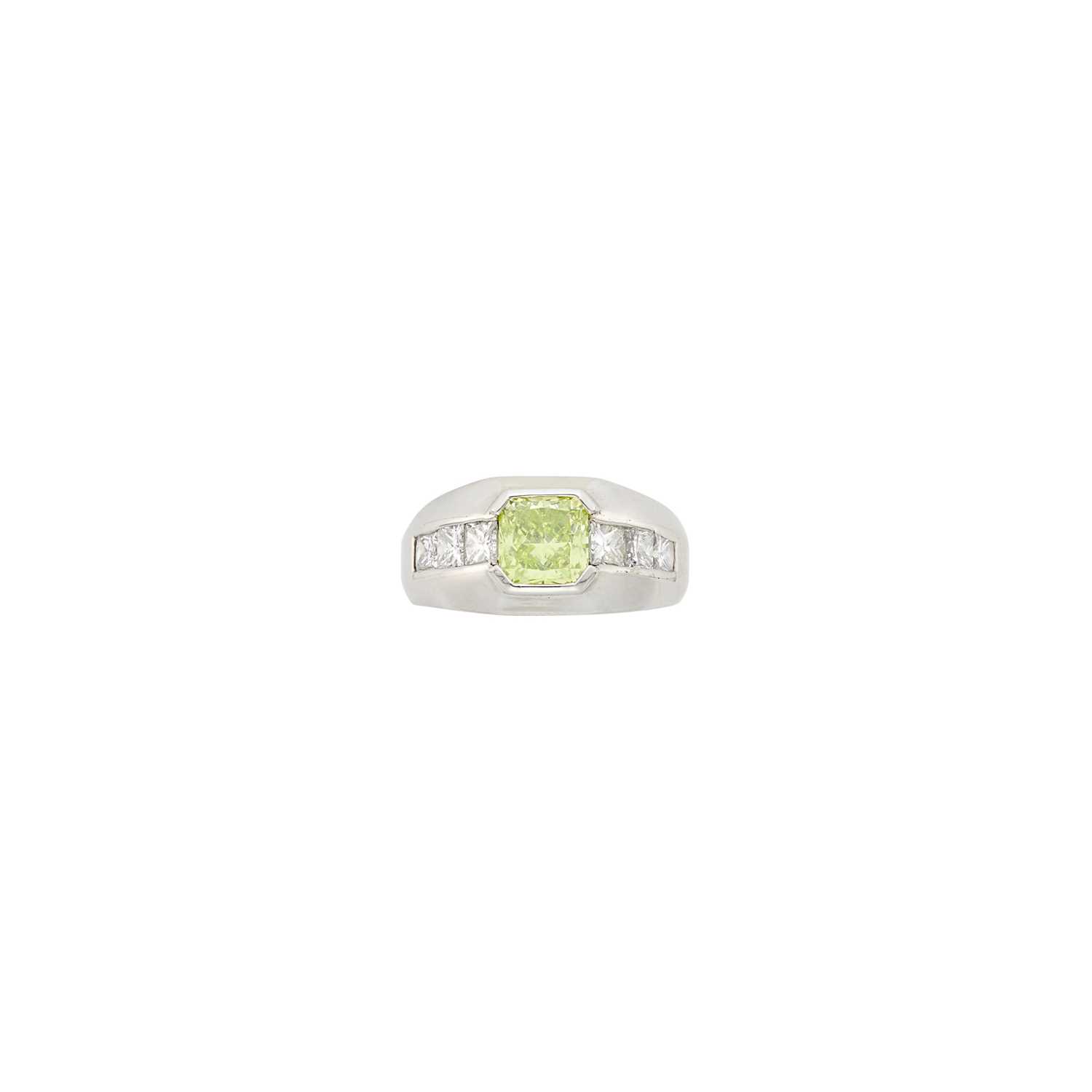 Lot 110 - Platinum, Fancy Intense Yellow-Green Diamond and Diamond Ring