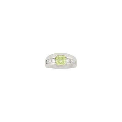 Lot 110 - Platinum, Fancy Intense Yellow-Green Diamond and Diamond Ring