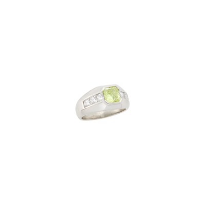 Lot 110 - Platinum, Fancy Intense Yellow-Green Diamond and Diamond Ring