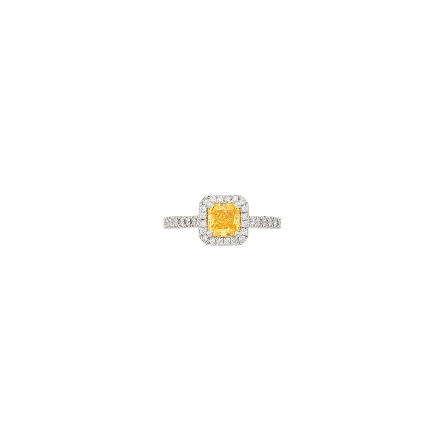 Lot 111 - Platinum, Fancy Vivid Orange-Yellow Diamond and Diamond Ring