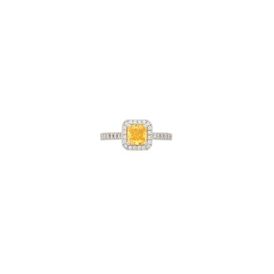 Lot 111 - Platinum, Fancy Vivid Orange-Yellow Diamond and Diamond Ring