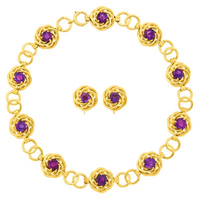 Lot 1053 - Tiffany & Co. Gold and Amethyst Necklace and Pair of Earclips