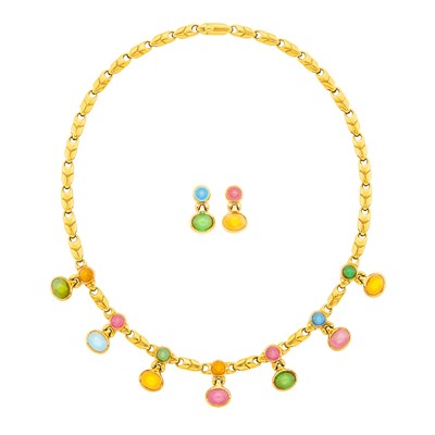 Lot 73 - Bulgari Gold and Cabochon Colored Stone Fringe Necklace and Pair of Pendant-Earrings